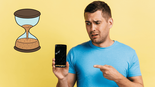 Man In blue short pointing at broken phone asking how long a repair takes