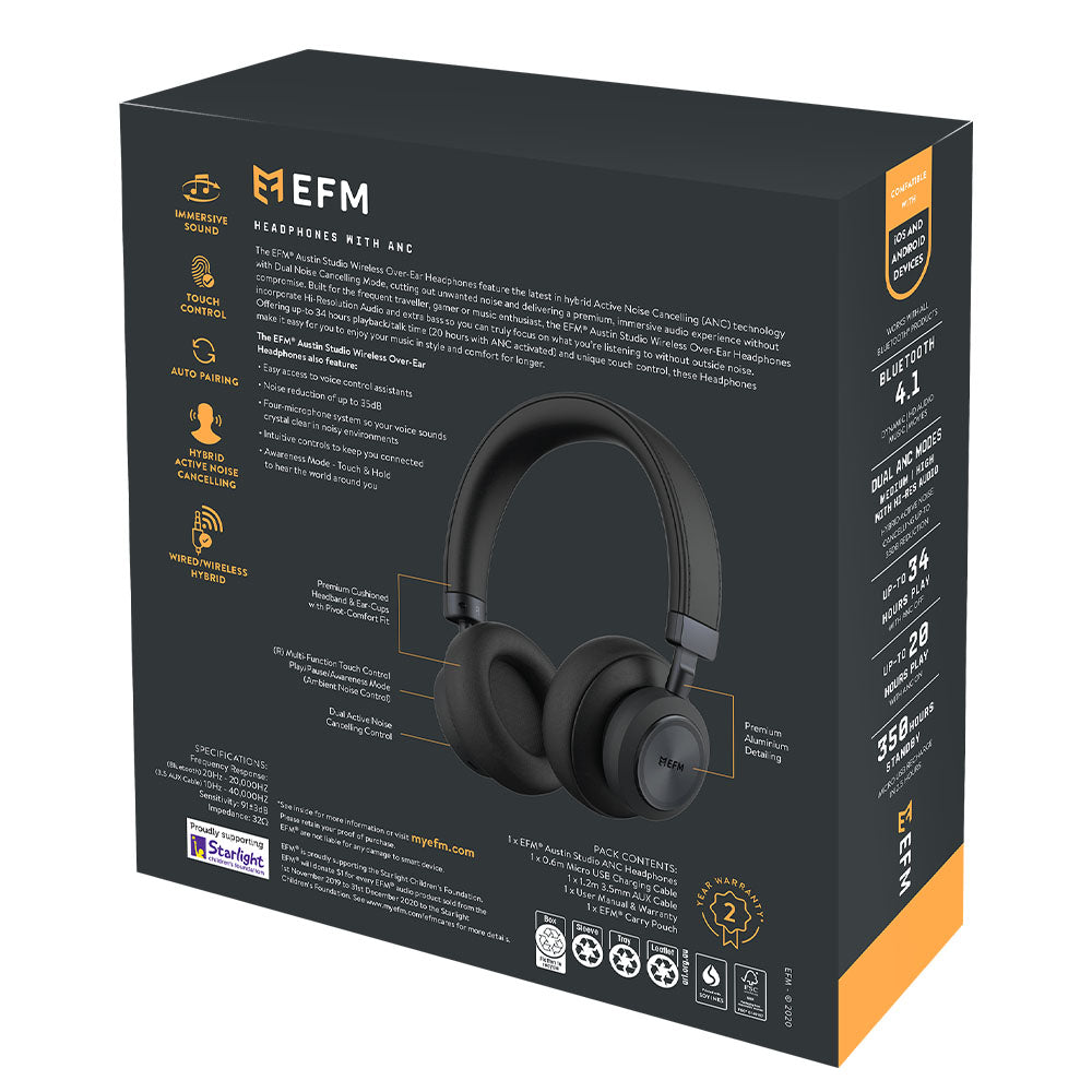 in box new Black EFM Austin Studio Wireless Over-Ear ANC Noise Cancelling Headphones