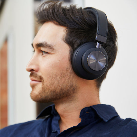 Young Man with beard wearing Black EFM Austin Studio Wireless Over-Ear ANC Noise Cancelling Headphones