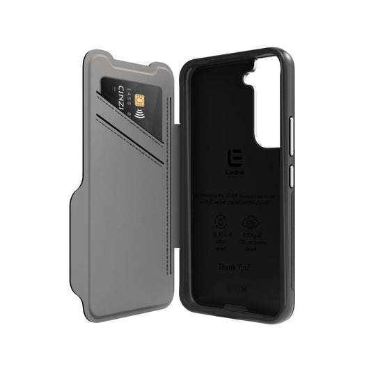EFM Monaco Leather Wallet Case Armour with D3O 5G Signal Plus - For Samsung Galaxy S22 (6.1) - Black/Space Grey - Kixup Repairs