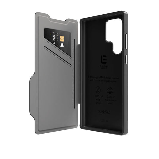 EFM Monaco Leather Wallet Case Armour with D3O 5G Signal Plus - For Samsung Galaxy S22 Ultra (6.8) - Black/Space Grey - Kixup Repairs