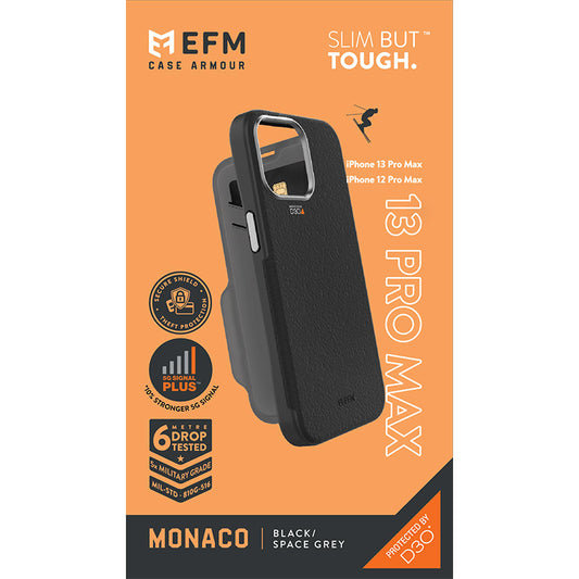 EFM Monaco Black Leather Wallet Phone Case Armour with D3O 5G Signal Plus For Apple iPhone 13 Pro Max (6.7")