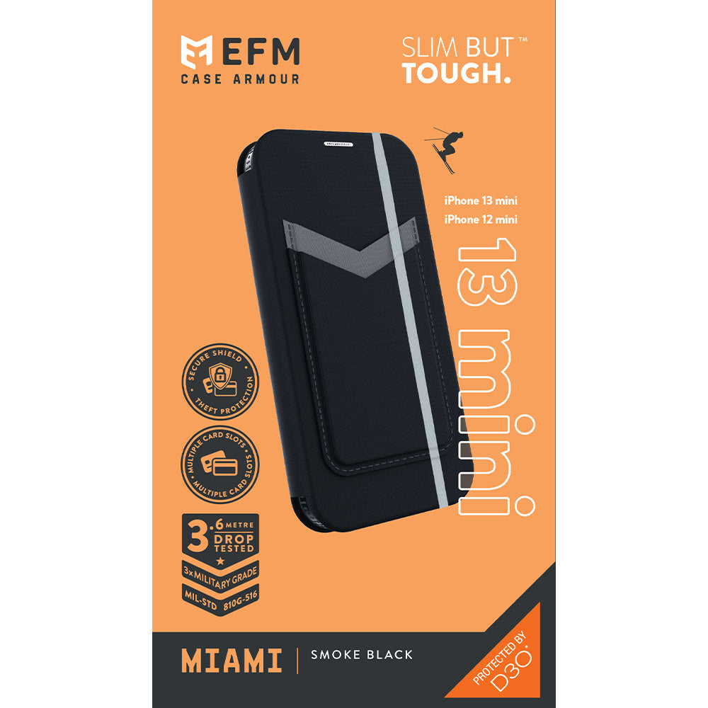 EFM Miami Leather Wallet Case Armour with D3O - For Apple iPhone 13 mini (5.4") - Smoke Black