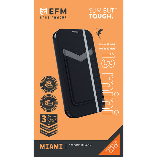 EFM Miami Leather Wallet Case Armour with D3O - For Apple iPhone 13 mini (5.4") - Smoke Black