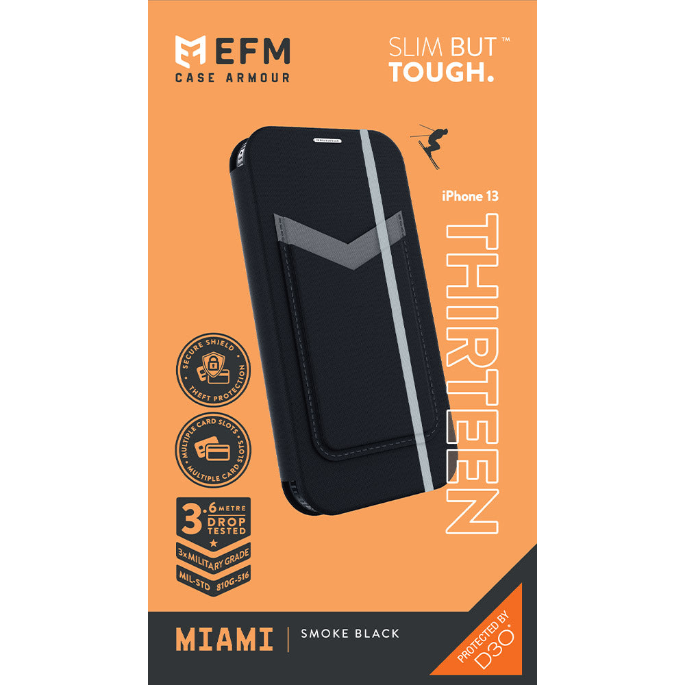 EFM Miami Leather Wallet Case Armour with D3O - For iPhone 13 (6.1") - Smoke Black - Kixup Repairs