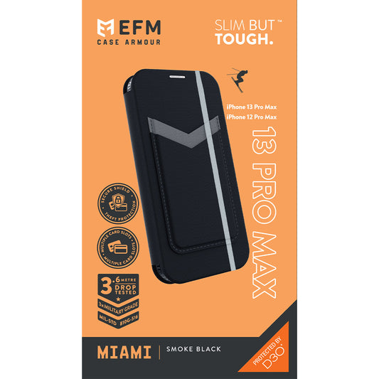 new in box EFM Miami Leather Wallet Case Armour with D3O For Apple iPhone 13 Pro Max (6.7") in Smoke Black colour